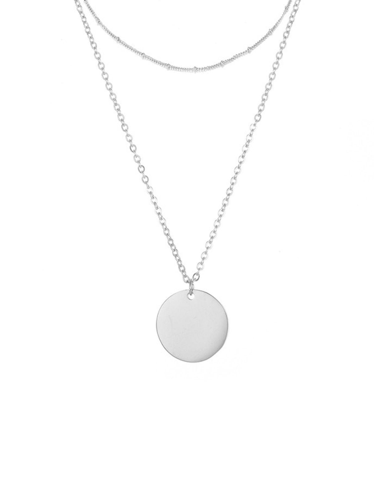 Collier double rang femme, chaîne fine acier inoxydable, pendentif rond, modèle Marguerite - Collier - Argent 38 - 43cm