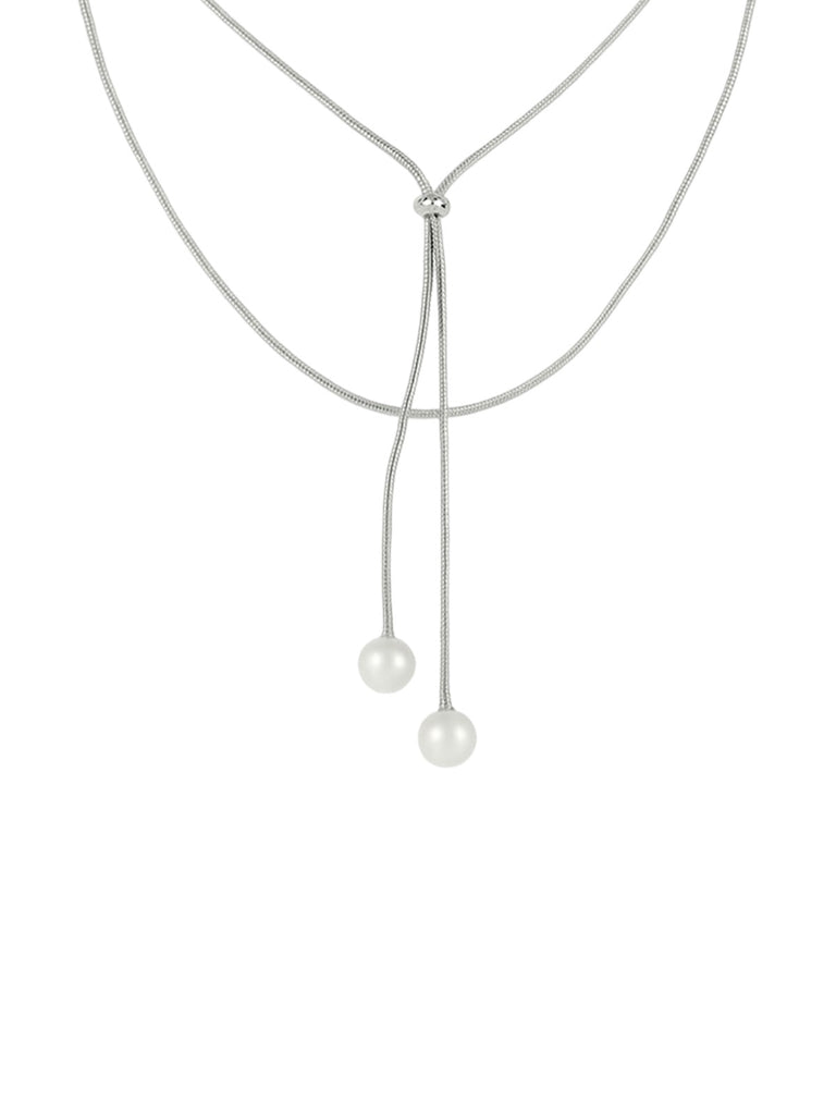 Collier long doré, perles blanches, chaîne serpent, ajustable, tendance féminine, modèle Fleurida - Collier - Argent 40 - 60 cm