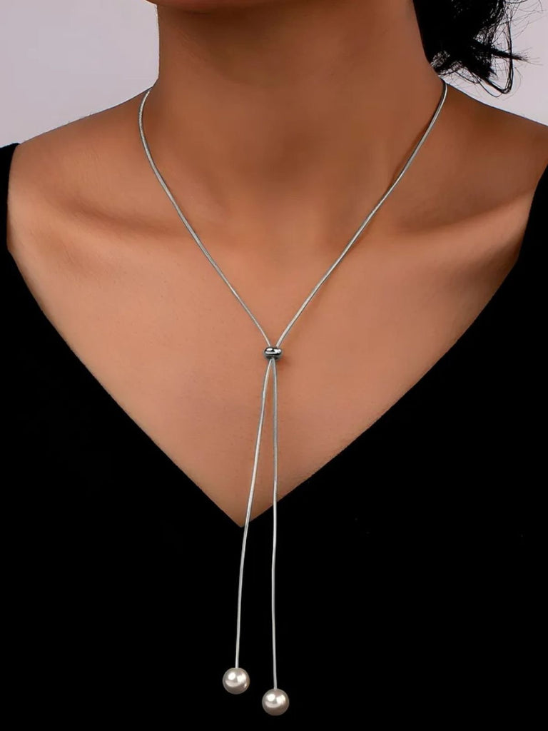 Collier long doré, perles blanches, chaîne serpent, ajustable, tendance féminine, modèle Fleurida - Collier - Argent 40 - 60 cm