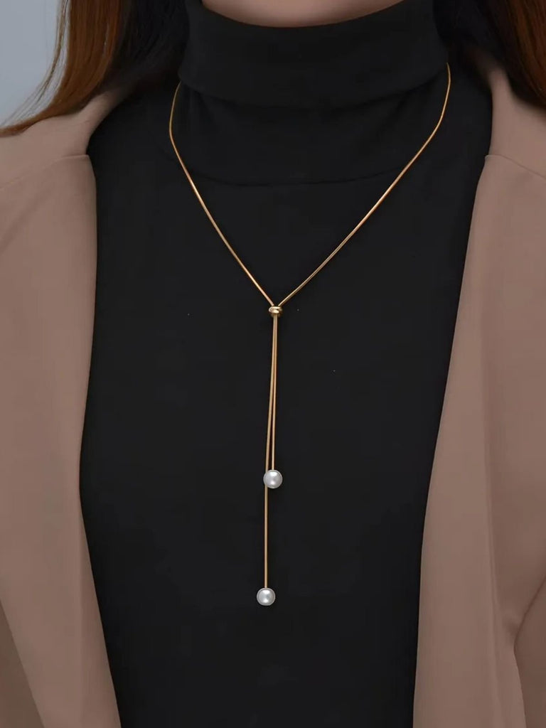 Collier long doré, perles blanches, chaîne serpent, ajustable, tendance féminine, modèle Fleurida - Collier - Or 40 - 60 cm