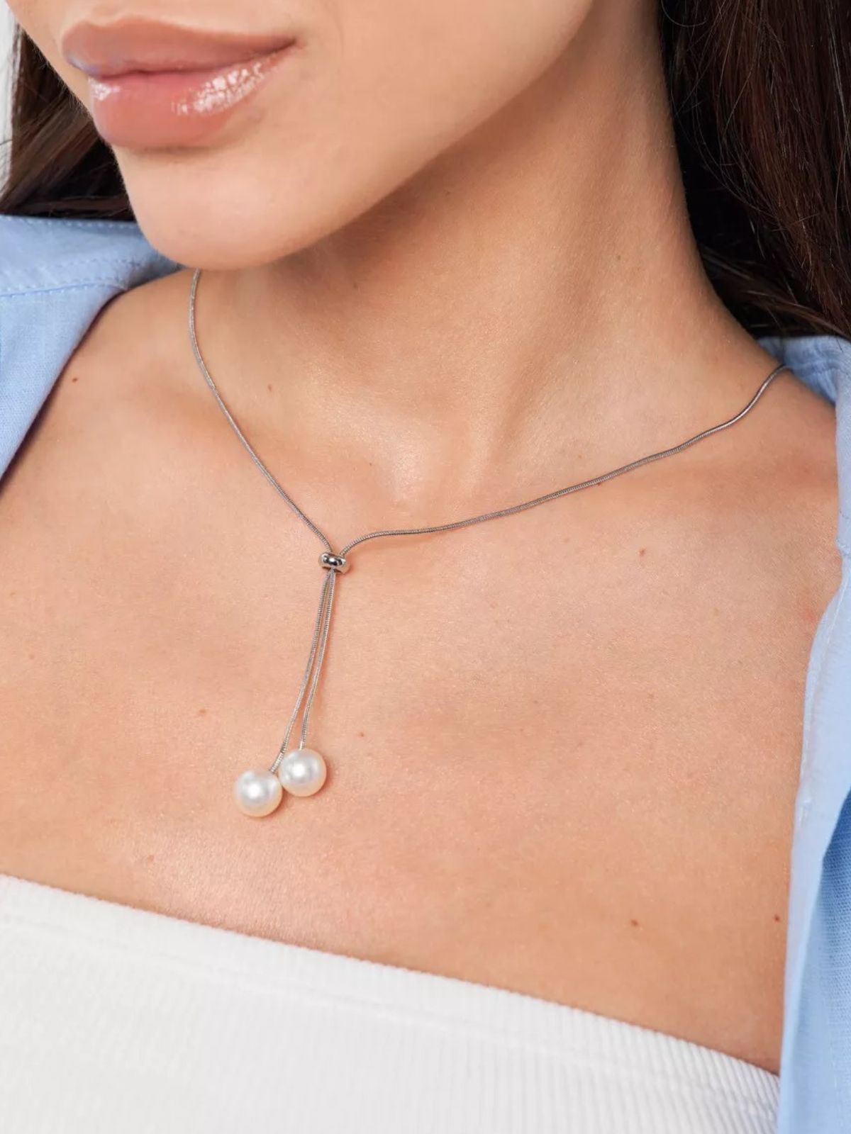 Collier long doré, perles blanches, chaîne serpent, ajustable, tendance féminine, modèle Fleurida - Collier - Argent 40 - 60 cm