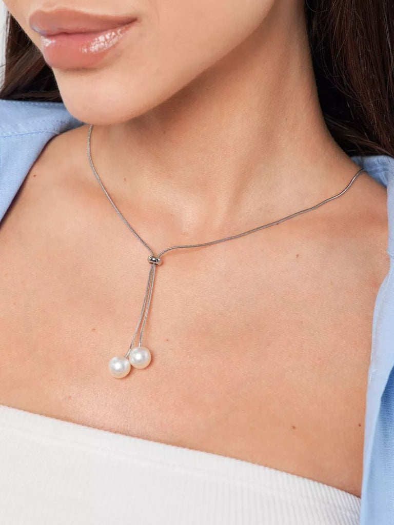 Collier long doré, perles blanches, chaîne serpent, ajustable, tendance féminine, modèle Fleurida - Collier - Argent 40 - 60 cm