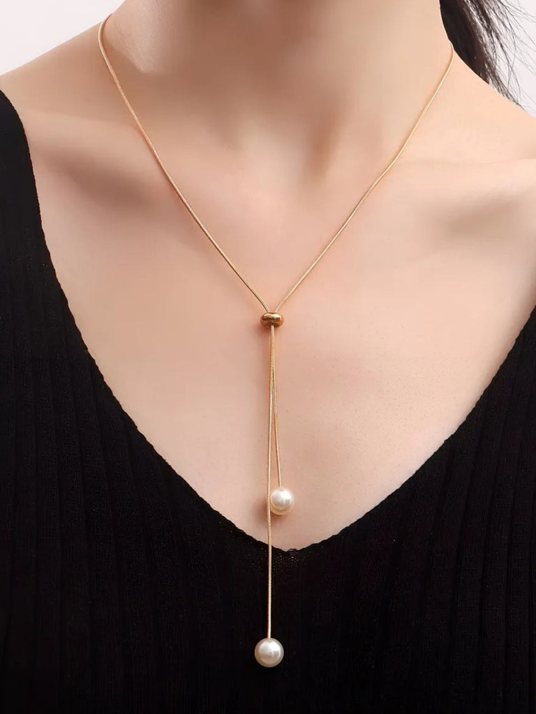 Collier long doré, perles blanches, chaîne serpent, ajustable, tendance féminine, modèle Fleurida - Collier - Or 40 - 60 cm