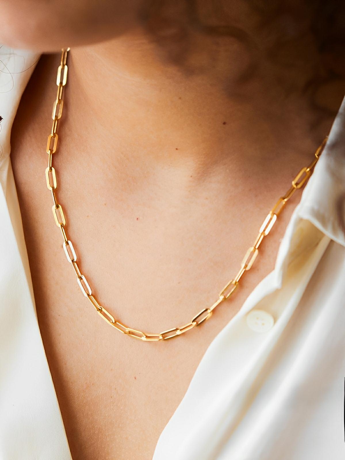 Collier maille paperclip, acier inoxydable, plaqué or, chaîne unisexe, style minimaliste, pendentif absent, modèle Orlane - Collier - Or 40 - 45 cm