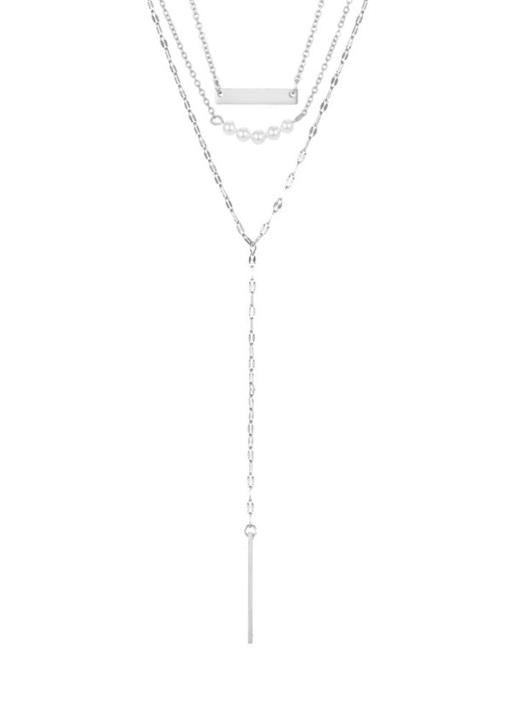 Collier multicouche femme, chaîne perlée, pendentif barre, acier inoxydable, look moderne, modèle Marianne - Collier - Argent 38 - 43cm