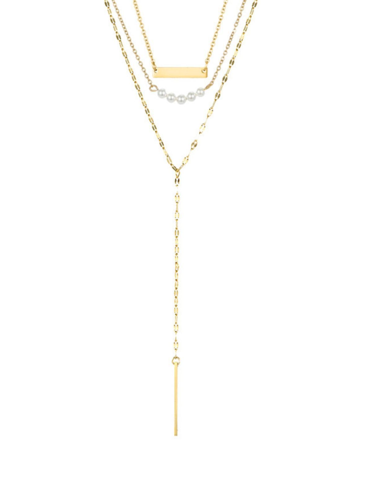 Collier multicouche femme, chaîne perlée, pendentif barre, acier inoxydable, look moderne, modèle Marianne - Collier - Or 38 - 43cm