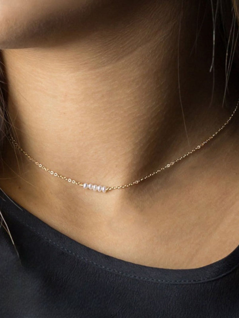 Collier multicouche femme, chaîne perlée, pendentif barre, acier inoxydable, look moderne, modèle Marianne - Collier - Or 38 - 43cm