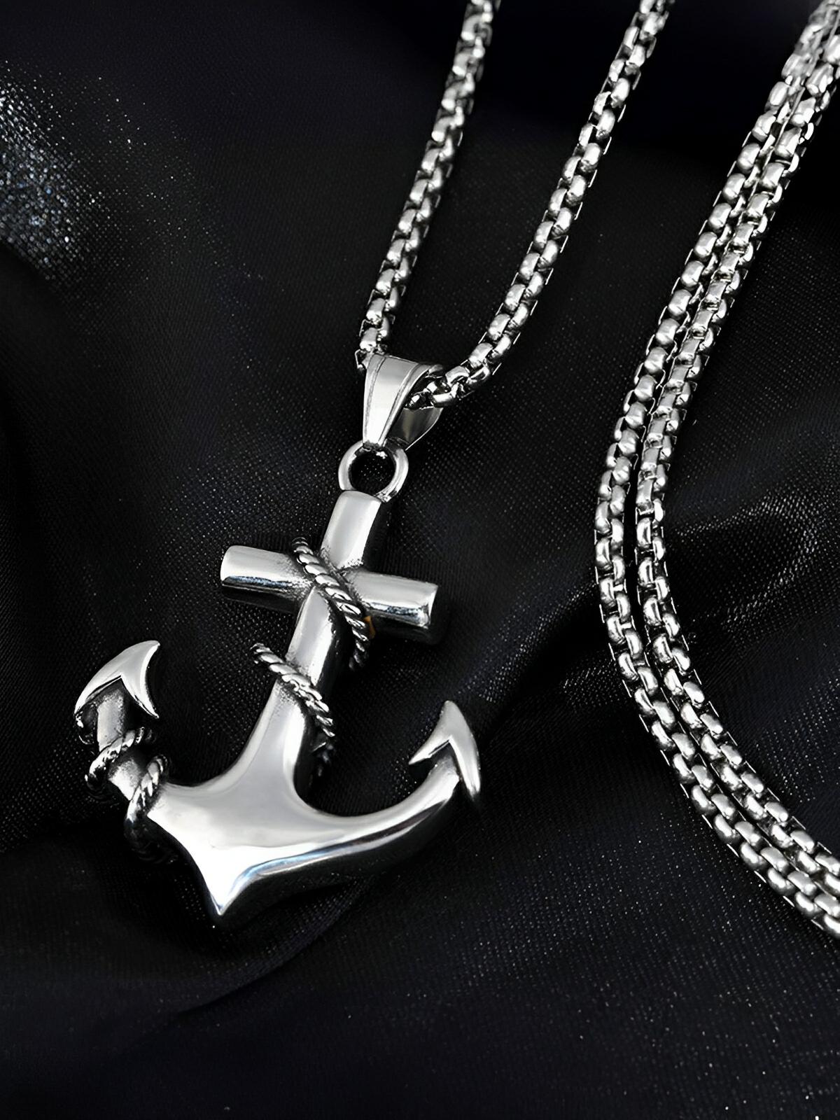 Collier pendentif ancre, en acier inoxydable, maille vénitienne, modèle Jude - Collier - Argent 60 cm