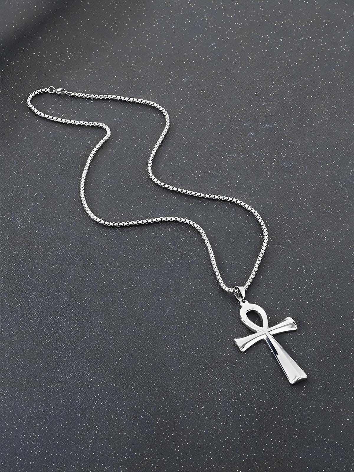 Collier pendentif Ankh, en acier inoxydable 316L, maille vénitienne, modèle Shani - Collier - Argent 60 cm