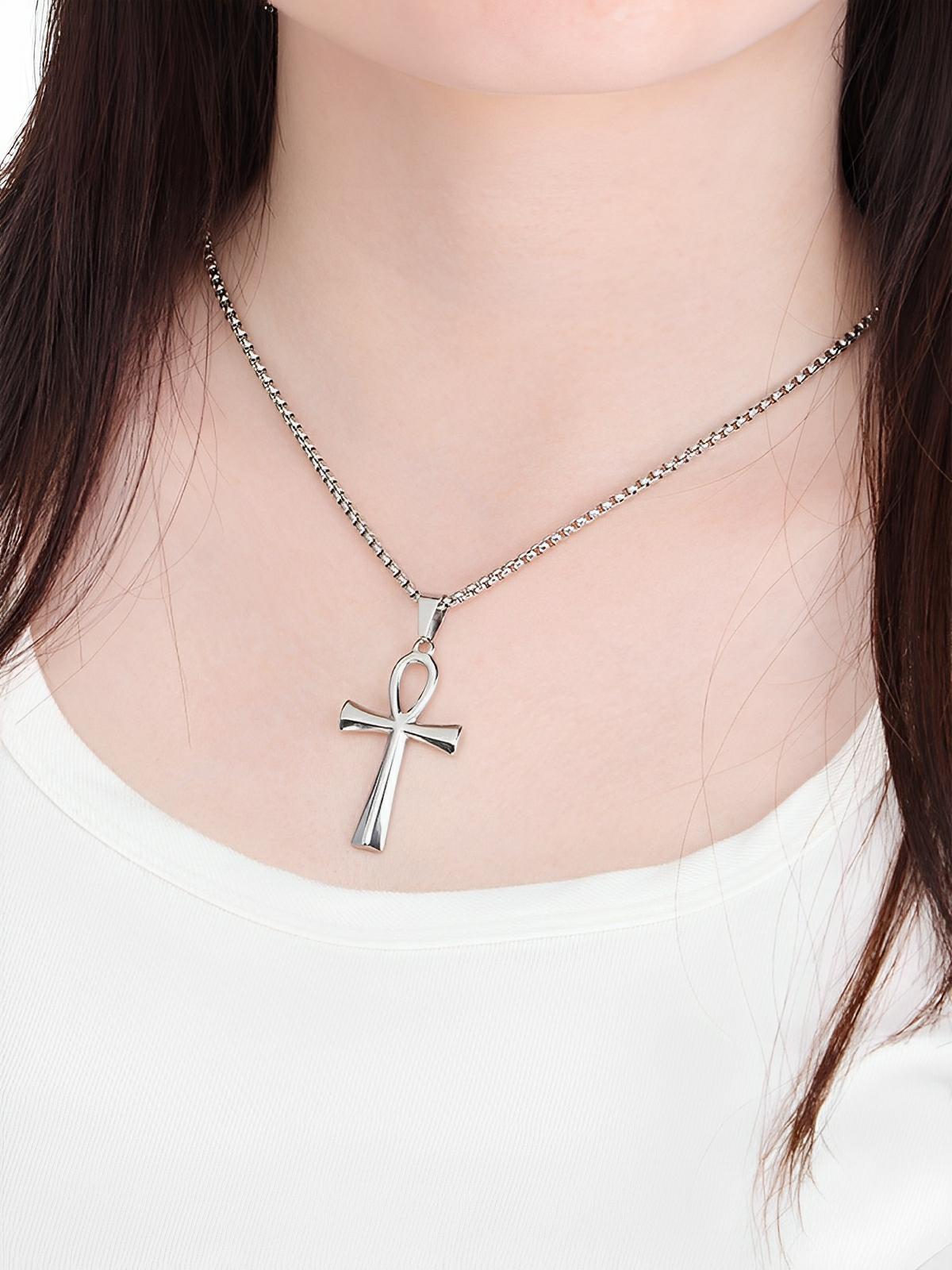 Collier pendentif Ankh, en acier inoxydable 316L, maille vénitienne, modèle Shani - Collier - Argent 60 cm