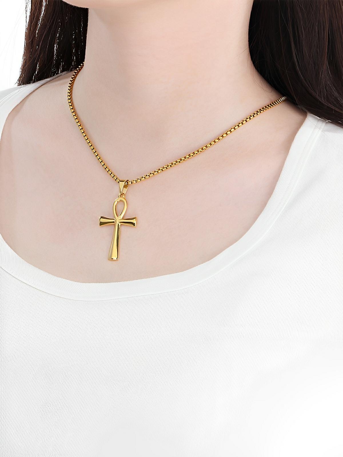 Collier pendentif Ankh, en acier inoxydable 316L, maille vénitienne, modèle Shani - Collier - Or 60 cm