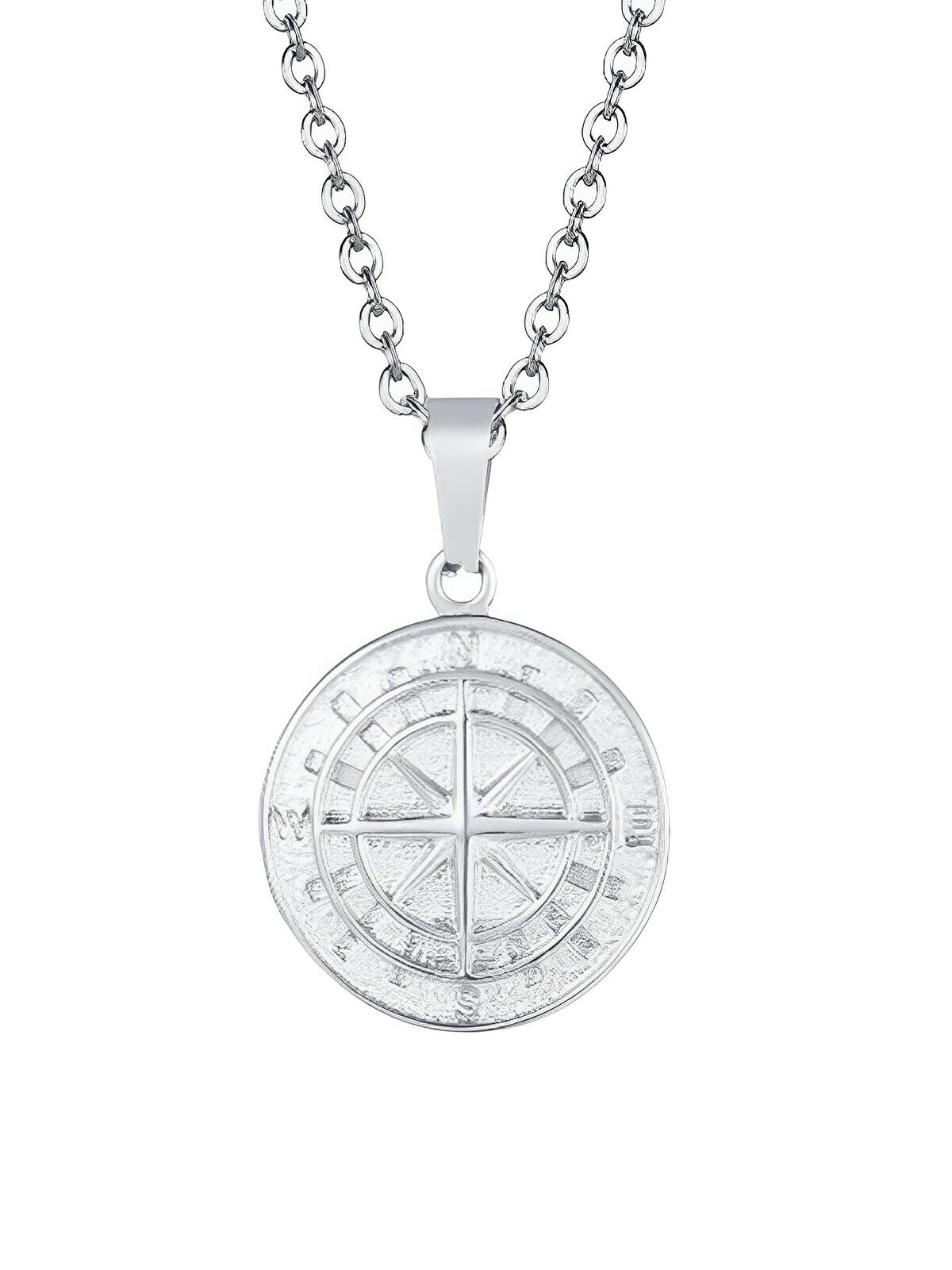 Collier pendentif boussole, en acier inoxydable, maille forçat, modèle Stanley - Collier - Argent 60 cm