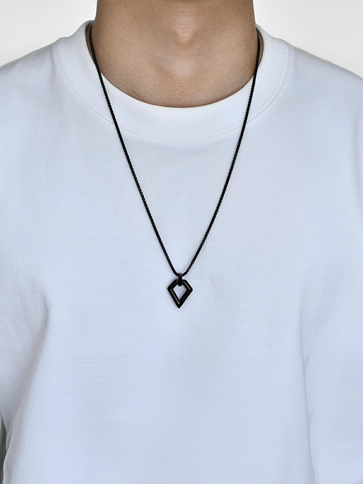 Collier pendentif losange, en acier inoxydable, maille vénitienne, style minimaliste, modèle Néo - Collier - Noir 60 cm