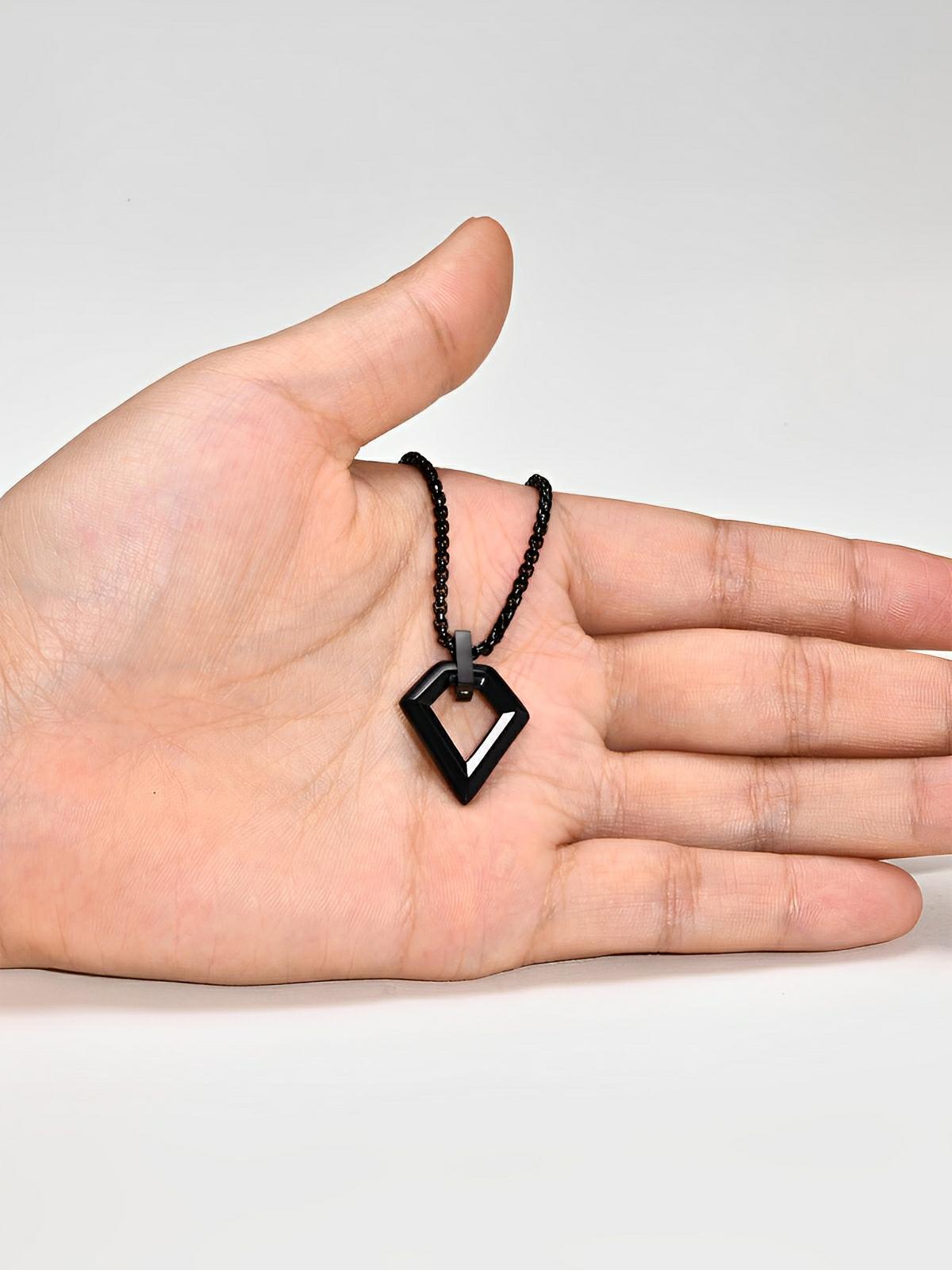 Collier pendentif losange, en acier inoxydable, maille vénitienne, style minimaliste, modèle Néo - Collier - Noir 60 cm