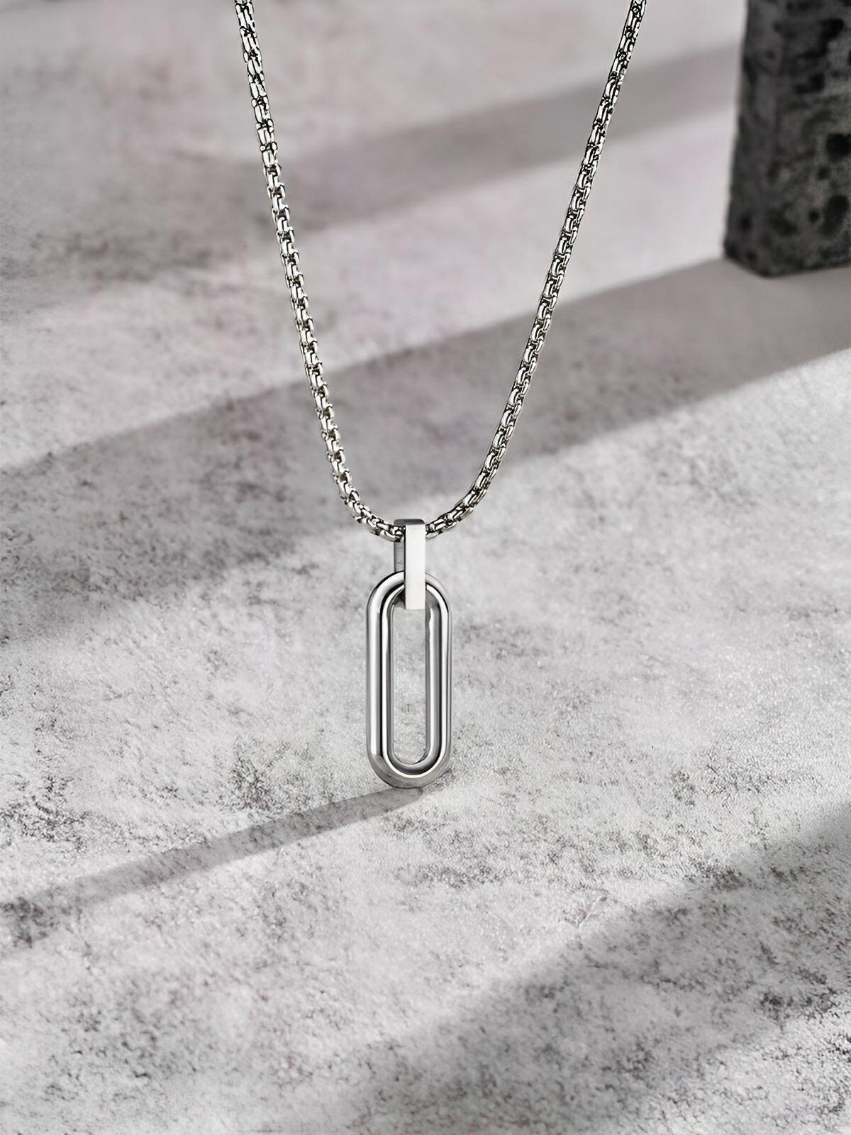 Collier pendentif ovale allongé, en acier inoxydable, maille vénitienne, style minimaliste, modèle Ilan - Collier - Argent 60 cm