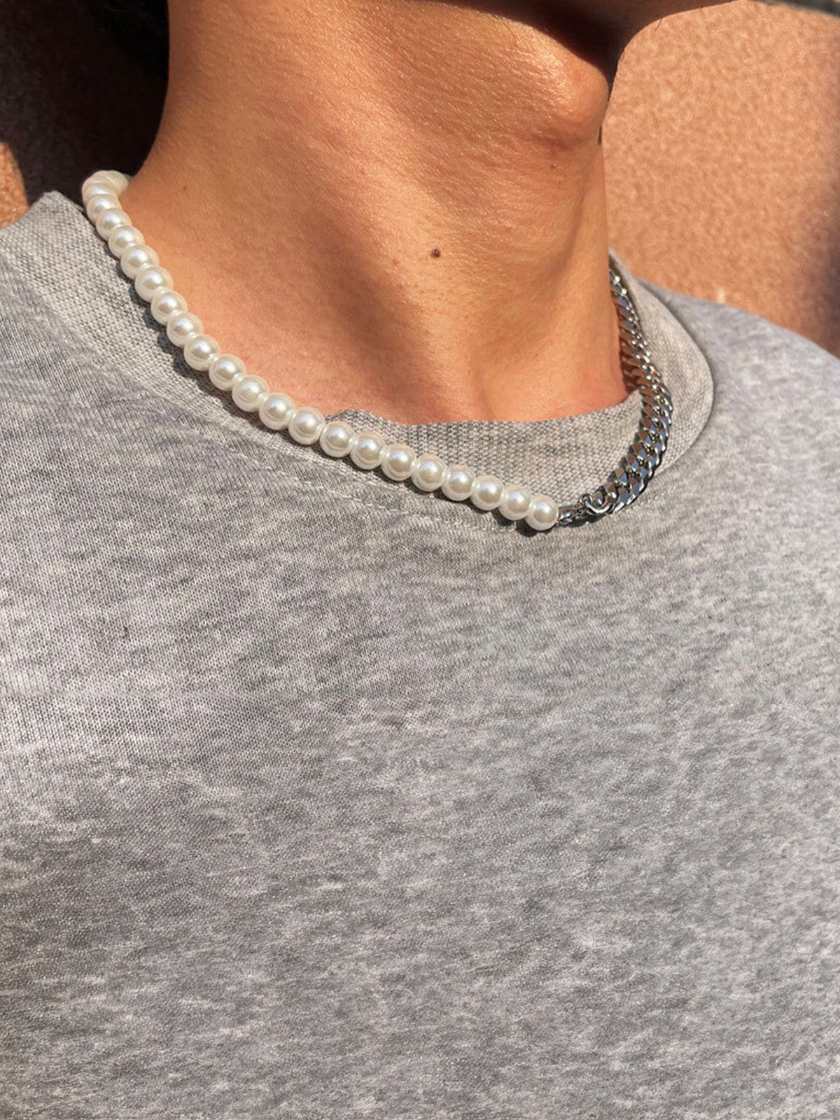 Collier perles et acier homme, chaîne cubaine acier inoxydable, perles d'imitation, style urbain, 45cm, modèle Fedroche - Collier - Argent
