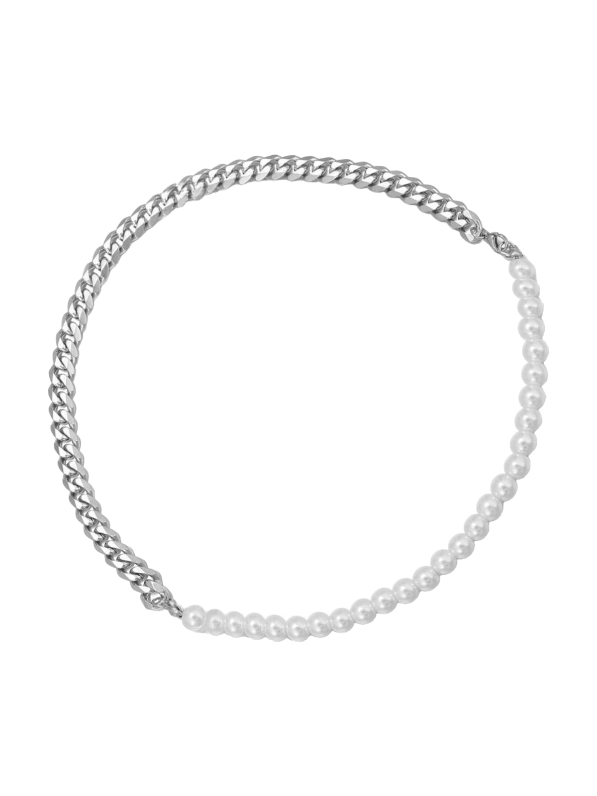 Collier perles et acier homme, chaîne cubaine acier inoxydable, perles d'imitation, style urbain, 45cm, modèle Fedroche - Collier - Argent