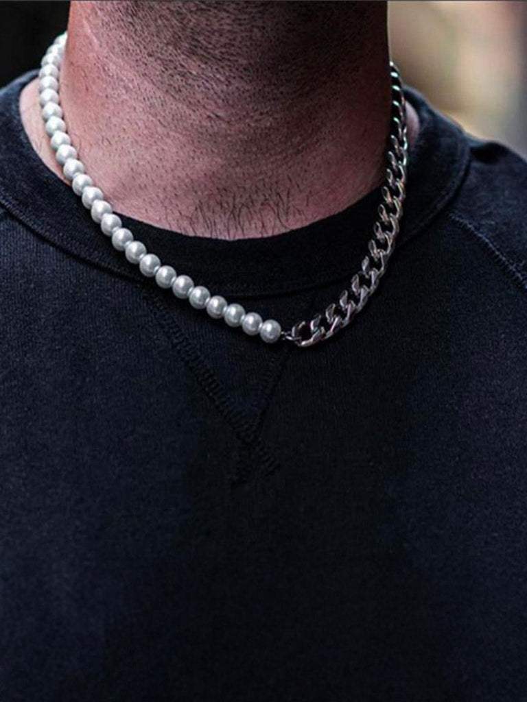 Collier perles et acier homme, chaîne cubaine acier inoxydable, perles d'imitation, style urbain, 45cm, modèle Fedroche - Collier - Argent