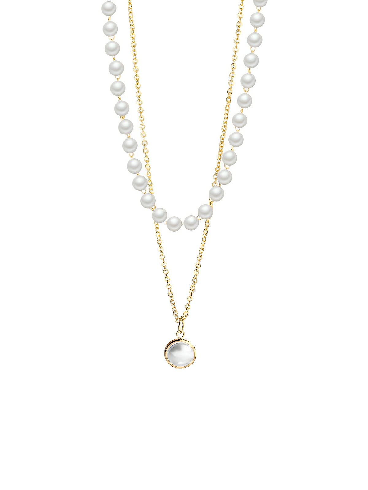 Collier ras du cou double rang, chaîne forçat, perles blanches, acier titane, style rétro, pendentif perle, modèle Ortensia - Collier - Or 40 - 45 cm