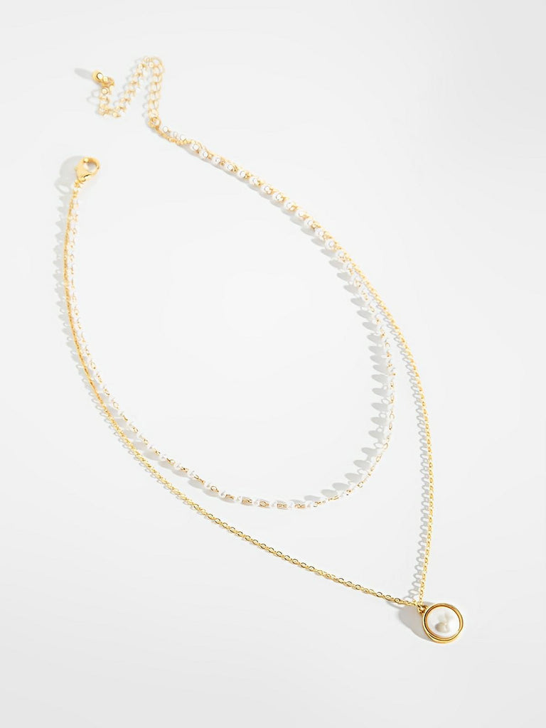 Collier ras du cou double rang, chaîne serpent, perles blanches, acier titane, style rétro, pendentif perle, modèle Ortensia - Collier - Or 40 - 45 cm