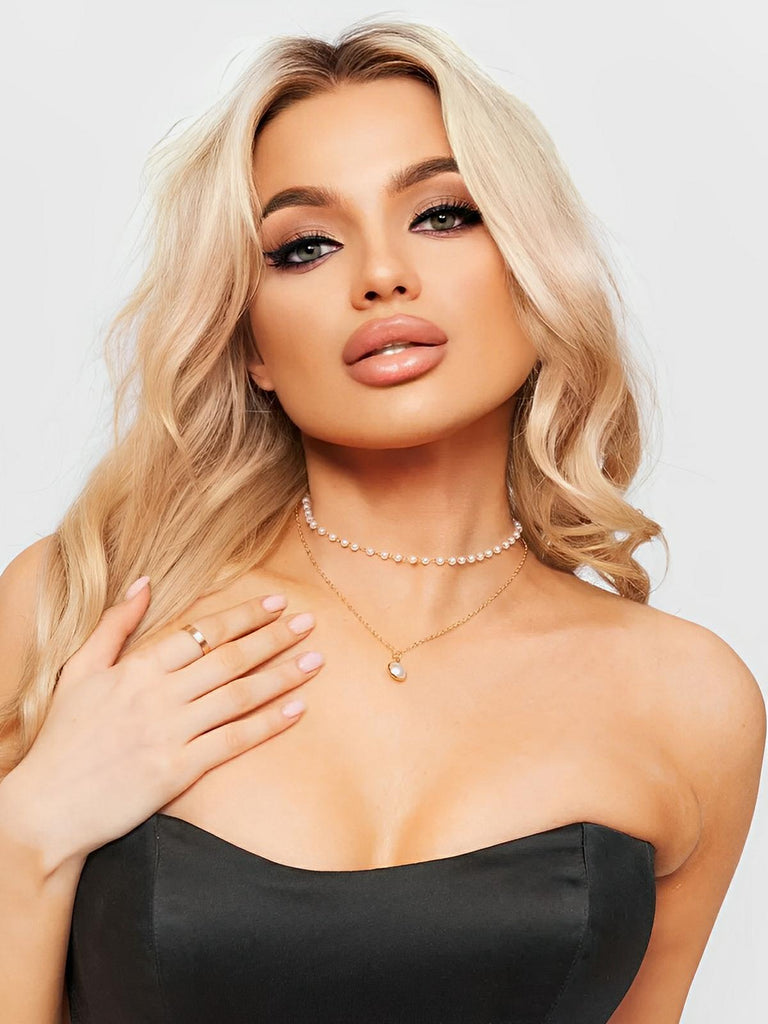 Collier ras du cou double rang, chaîne serpent, perles blanches, acier titane, style rétro, pendentif perle, modèle Ortensia - Collier - Or 40 - 45 cm