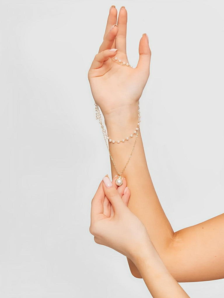 Collier ras du cou double rang, chaîne serpent, perles blanches, acier titane, style rétro, pendentif perle, modèle Ortensia - Collier - Or 40 - 45 cm