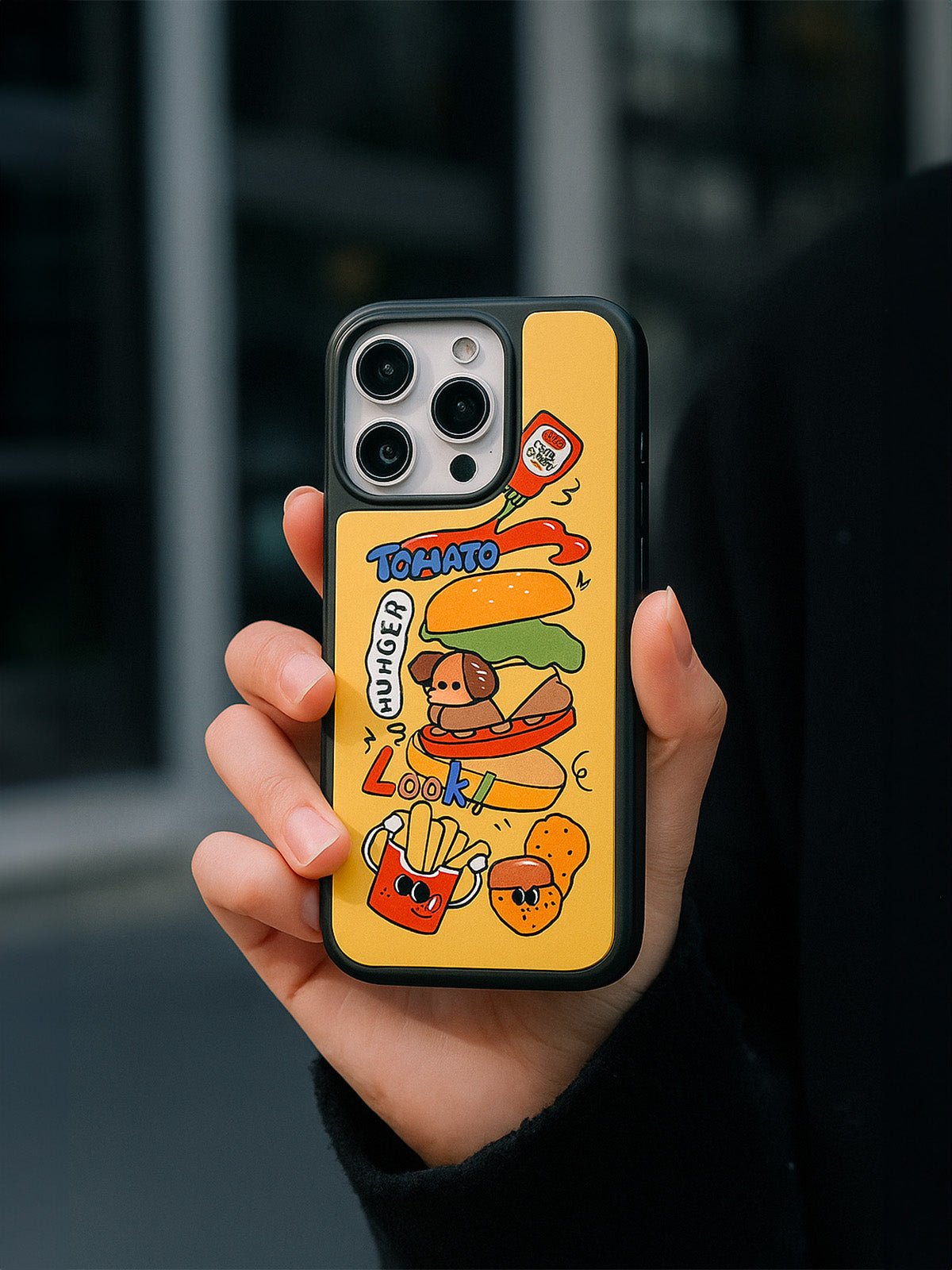 Coque iPhone hamburger chien mignon, protection antichoc, motif cartoon amusant, finition mate, compatible MagSafe, verre peau douce, iPhone 12 13 14 15 16, modèle Minoa - Coque iPhone - Jaune iPhone 12