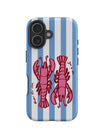 Coque iPhone rayée bleue et blanche, homards roses, protection intégrale, style graphique marin, finition brillante, modèle Liana - Coque iPhone - Bleu et blanc iPhone 13