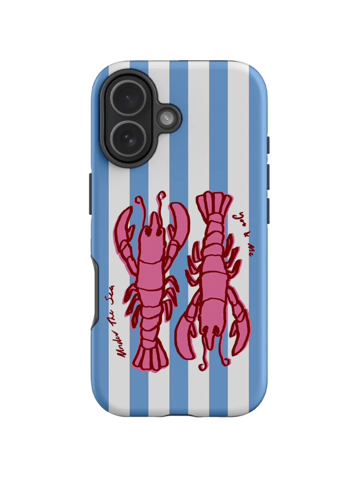 Coque iPhone rayée bleue et blanche, homards roses, protection intégrale, style graphique marin, finition brillante, modèle Liana - Coque iPhone - Bleu et blanc iPhone 13