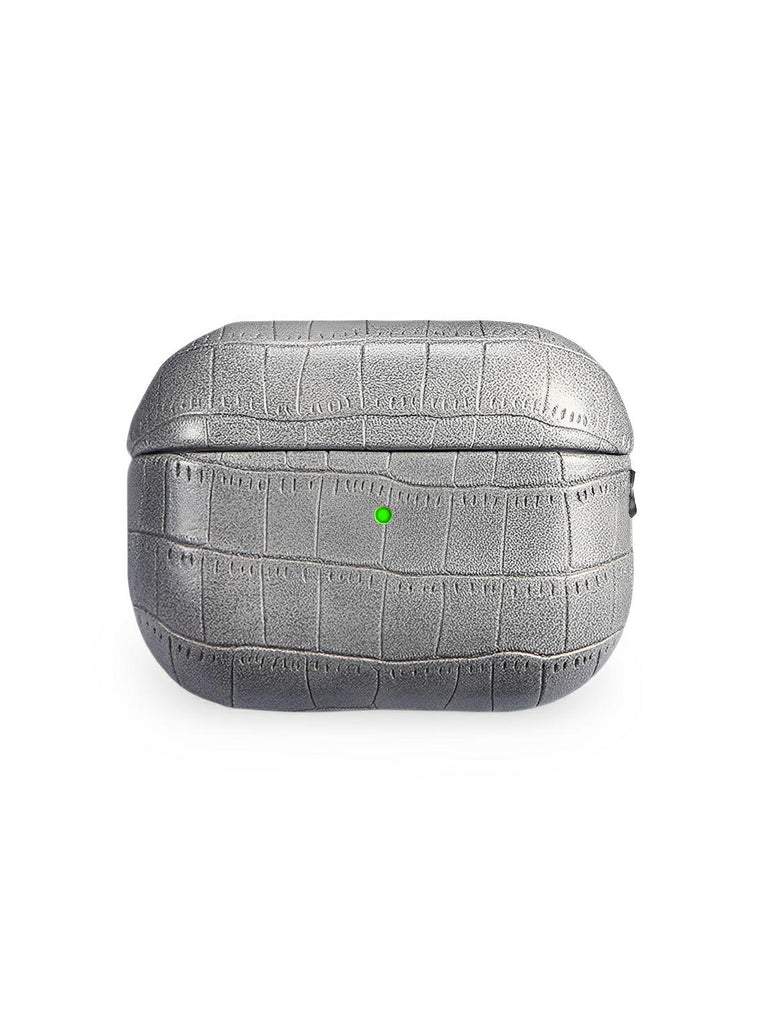 Coque pour AirPods Pro 1 et 2, en simili vegan crocodile, avec mousqueton, protection élégante, modèle Harry - Sacoche - Gris