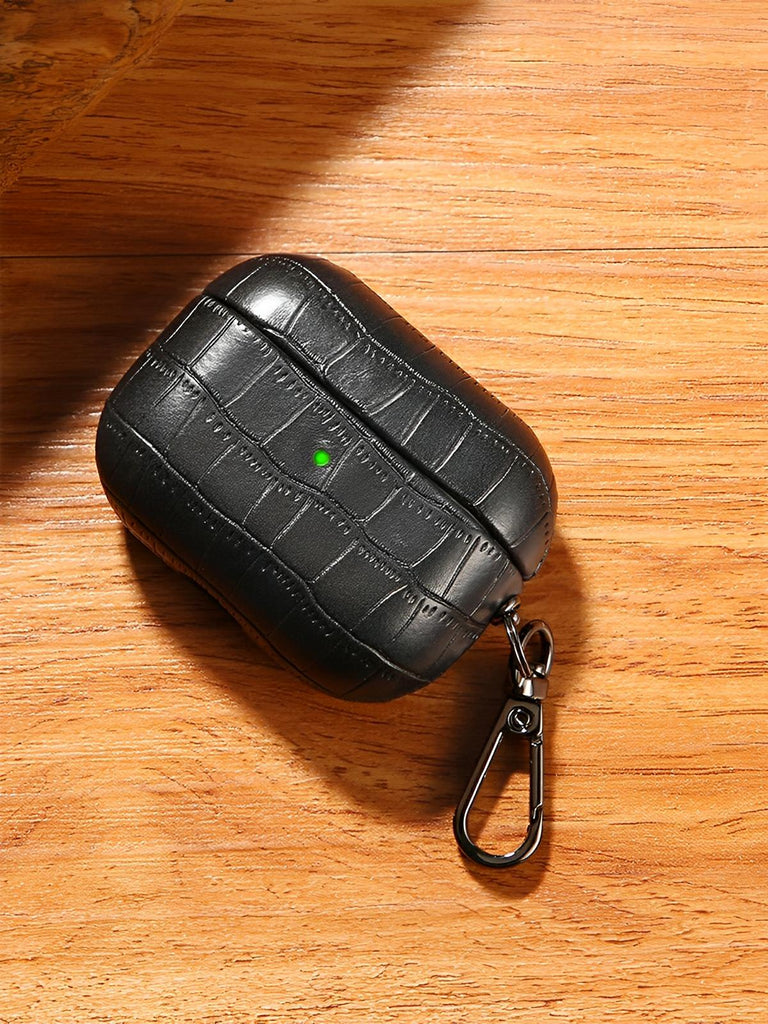 Coque pour AirPods Pro 1 et 2, en simili vegan crocodile, avec mousqueton, protection élégante, modèle Harry - Sacoche - Noir