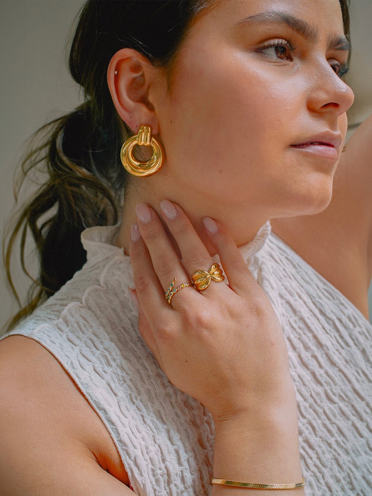 Créoles épaisses dorées, design géométrique, acier inoxydable, boucle d’oreille ronde, modèle Youti - Bague - Or