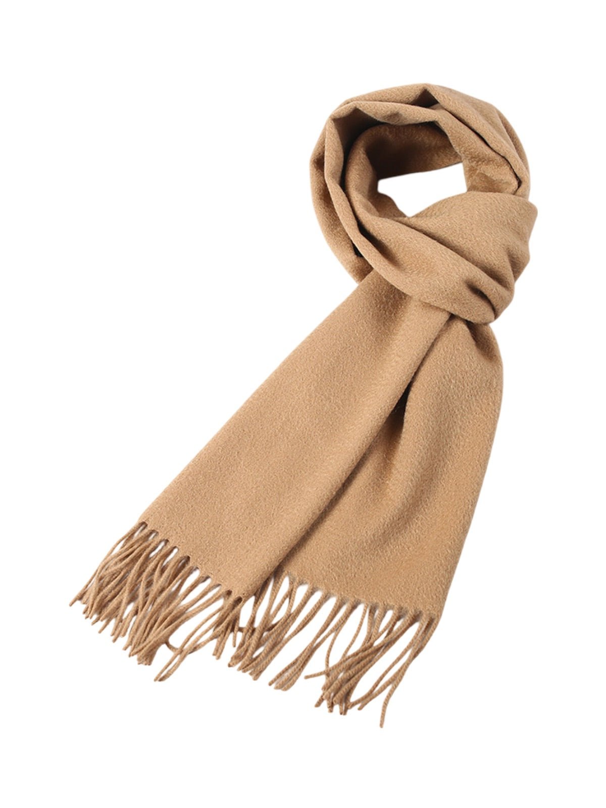 Écharpe 100% cachemire, chaude et douce, pour femme et homme, idéale hiver, cadeau raffiné, finition à franges, longueur généreuse, modèle Ines - Écharpe - Camel