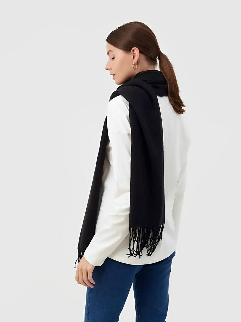 Écharpe 100% laine, hiver, grande écharpe chaude, couleur unie, écharpe à franges, modèle Alba - Écharpe - Noir