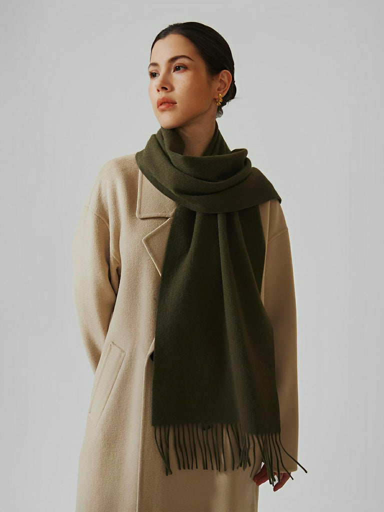 Écharpe 100% laine, hiver, grande écharpe chaude, couleur unie, écharpe à franges, modèle Alba - Écharpe - Kaki