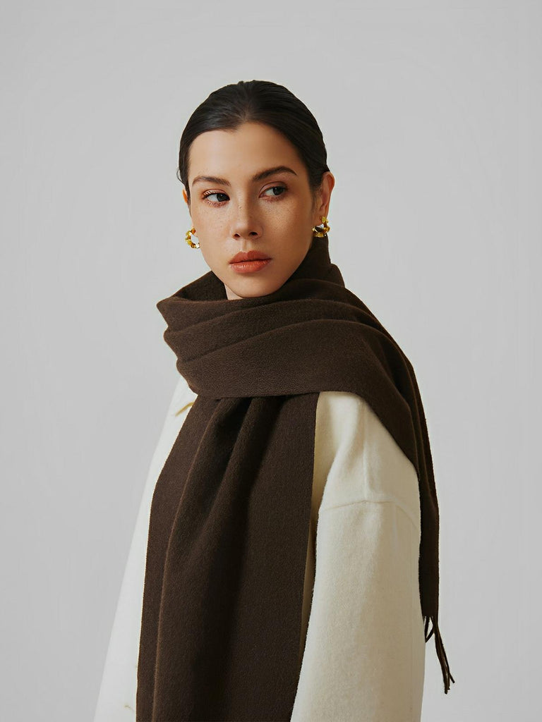 Écharpe 100% laine, hiver, grande écharpe chaude, couleur unie, écharpe à franges, modèle Alba - Écharpe - Café