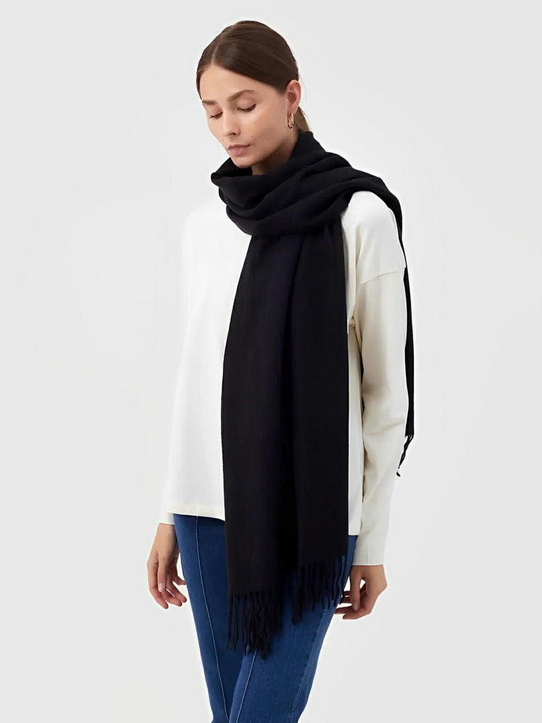 Écharpe 100% laine, hiver, grande écharpe chaude, couleur unie, écharpe à franges, modèle Alba - Écharpe - Noir