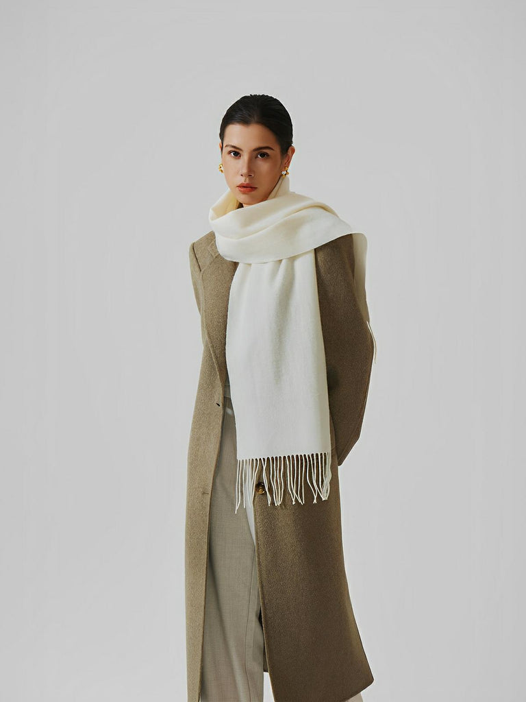 Écharpe 100% laine, hiver, grande écharpe chaude, couleur unie, écharpe à franges, modèle Alba - Écharpe - Blanc