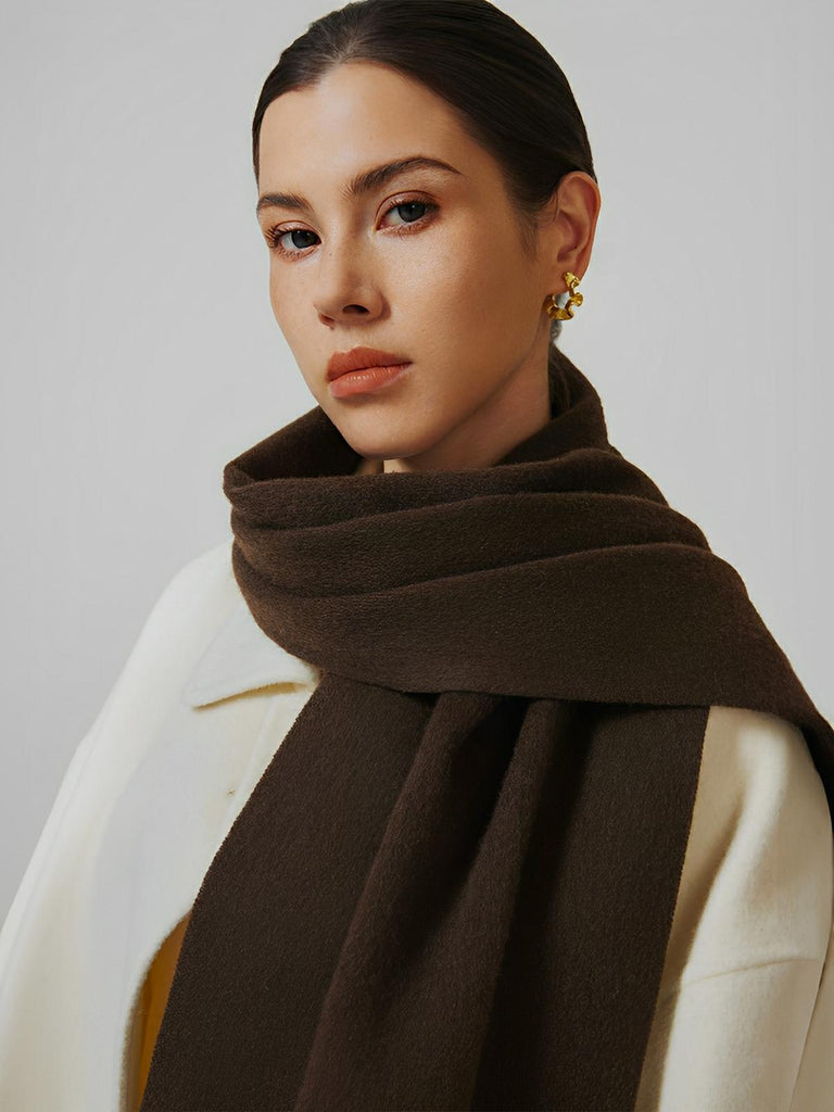 Écharpe 100% laine, hiver, grande écharpe chaude, couleur unie, écharpe à franges, modèle Alba - Écharpe - Café