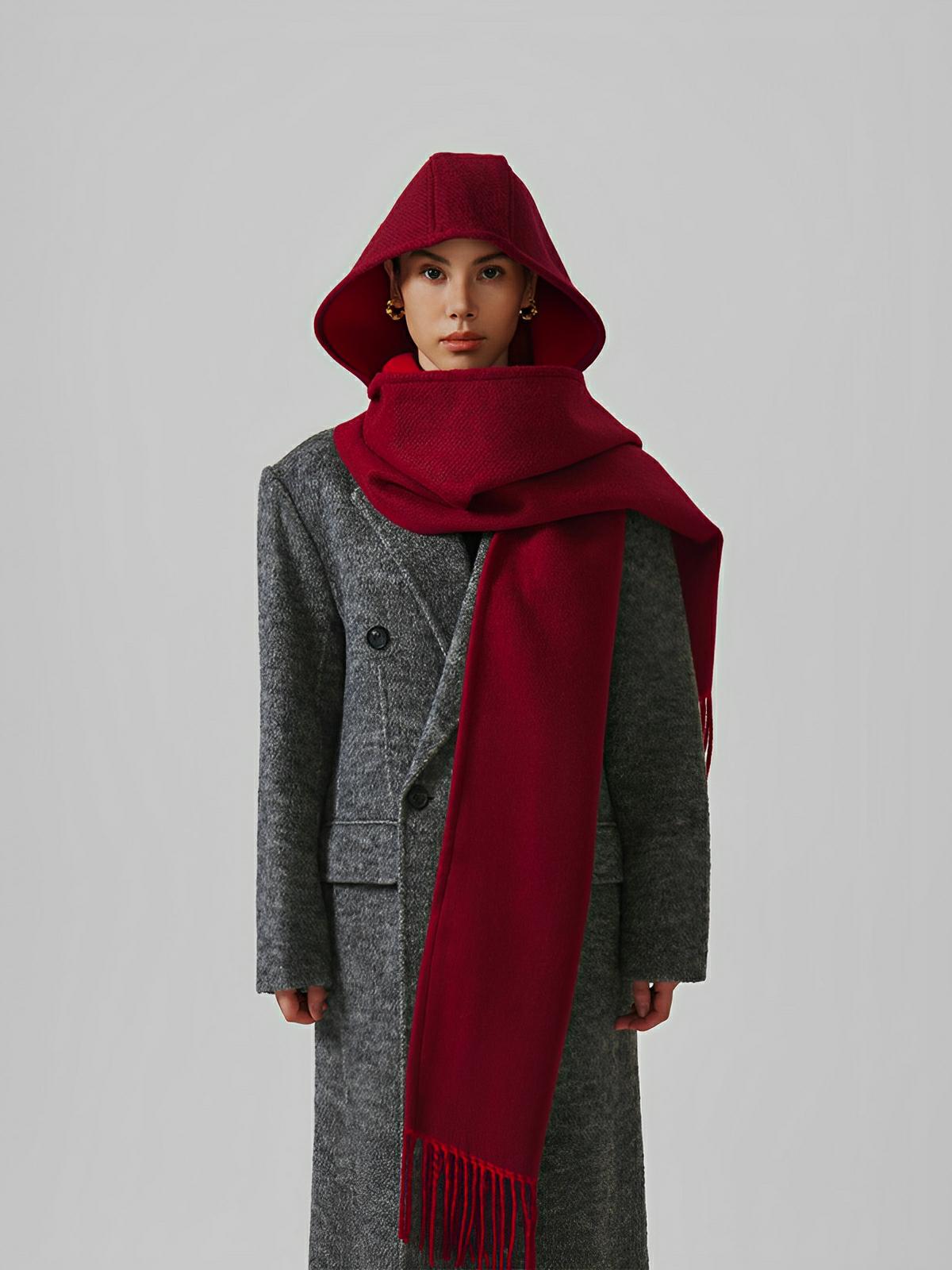 Écharpe à capuche douce et chaude en laine mélangée, design uni avec franges et doublure contrastée pour l’hiver, modèle Louva - Écharpe - Bordeaux