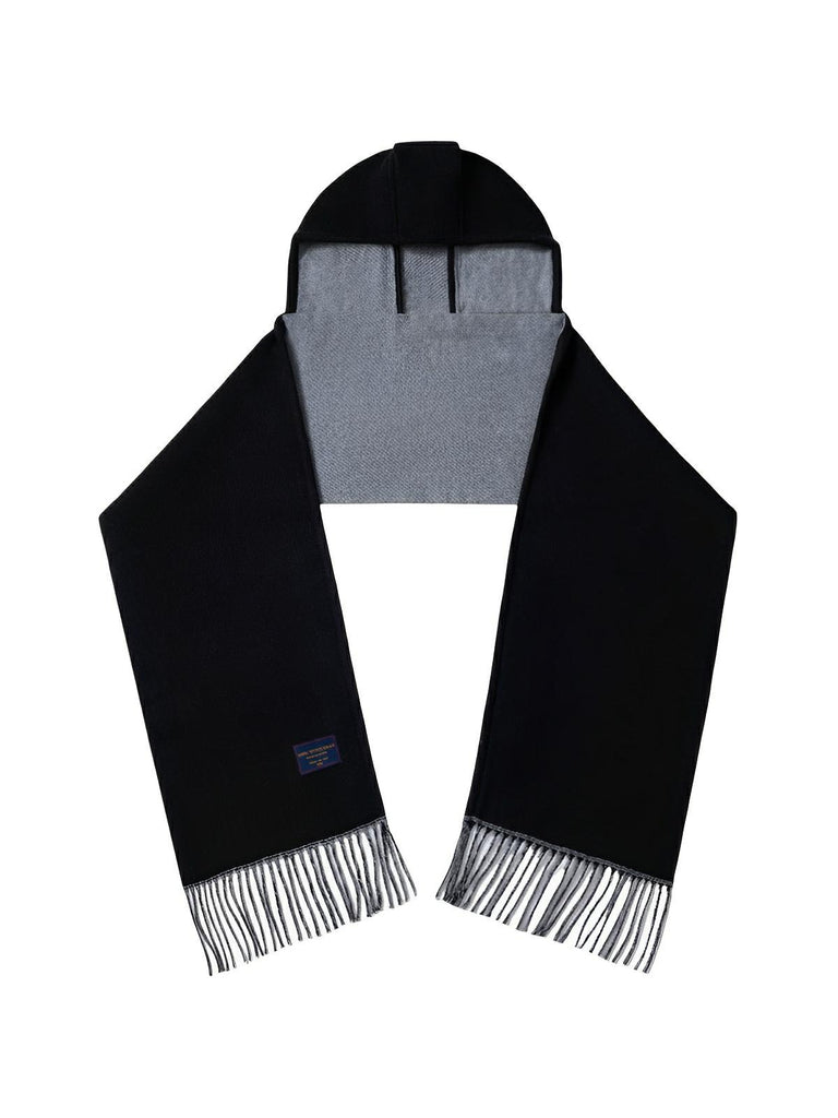 Écharpe à capuche douce et chaude en laine mélangée, design uni avec franges et doublure contrastée pour l’hiver, modèle Louva - Écharpe - Noir