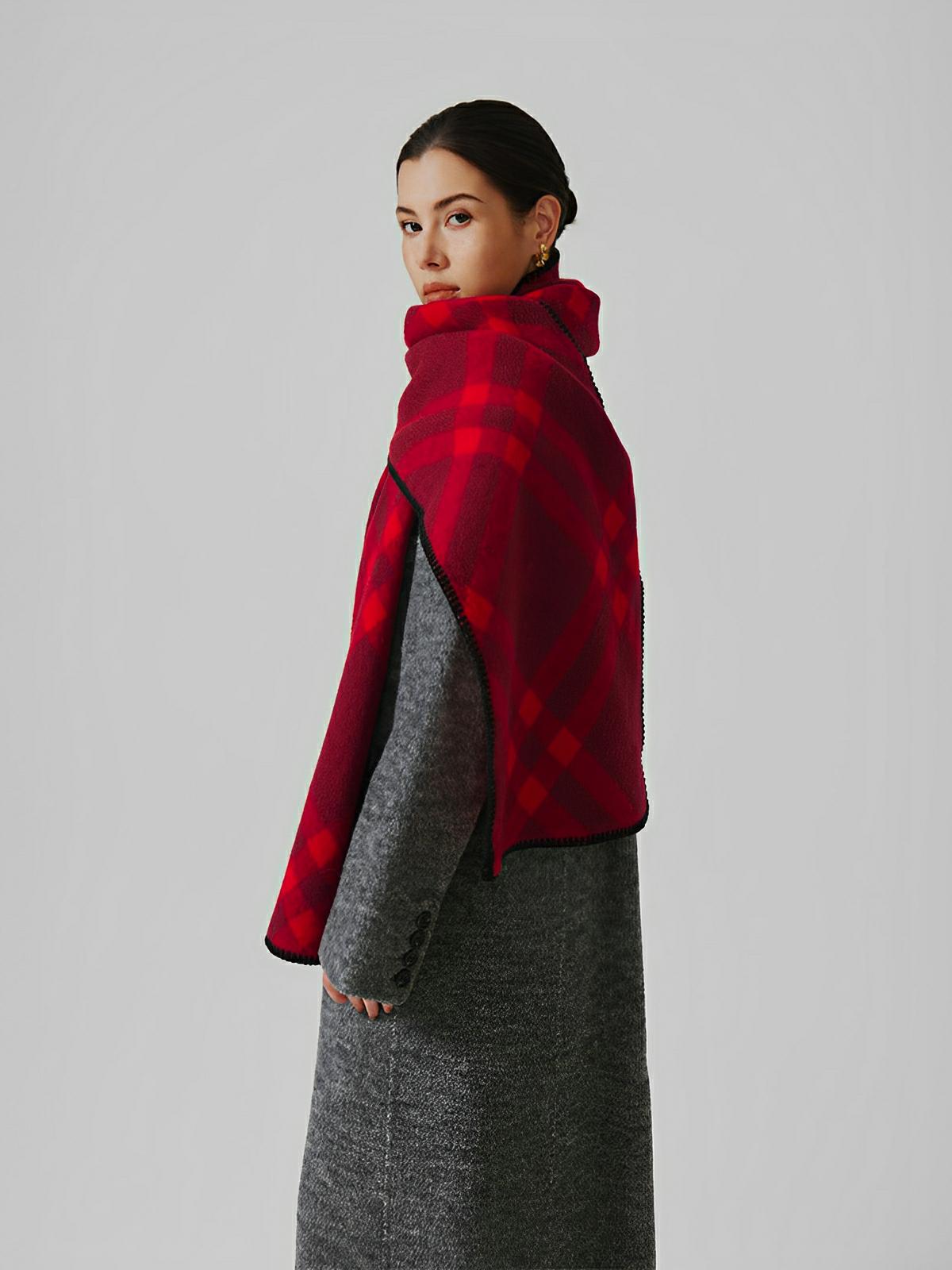 Écharpe à carreaux double face, chaude hiver femme, en laine douce longue, motif british chic luxueux, modèle Barina - Écharpe - Bordeaux et rouge