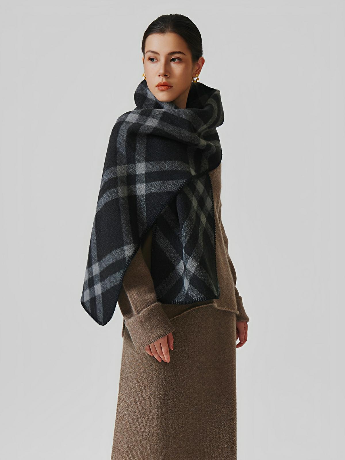 Écharpe à carreaux double face, chaude hiver femme, en laine douce longue, motif british chic luxueux, modèle Barina - Écharpe - Noir et gris