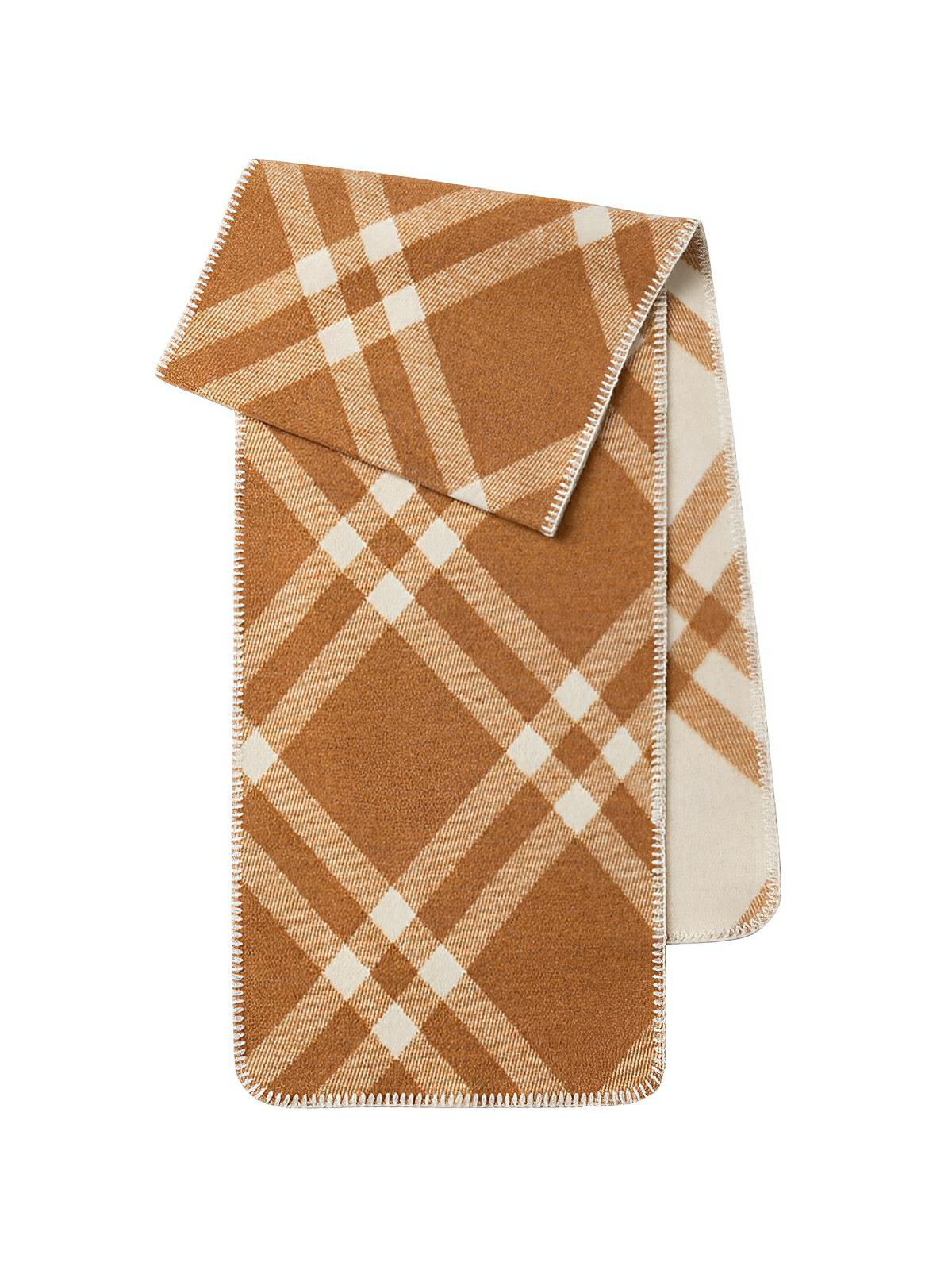 Écharpe à carreaux double face, chaude hiver femme, en laine douce longue, motif british chic luxueux, modèle Barina - Écharpe - Camel et blanc