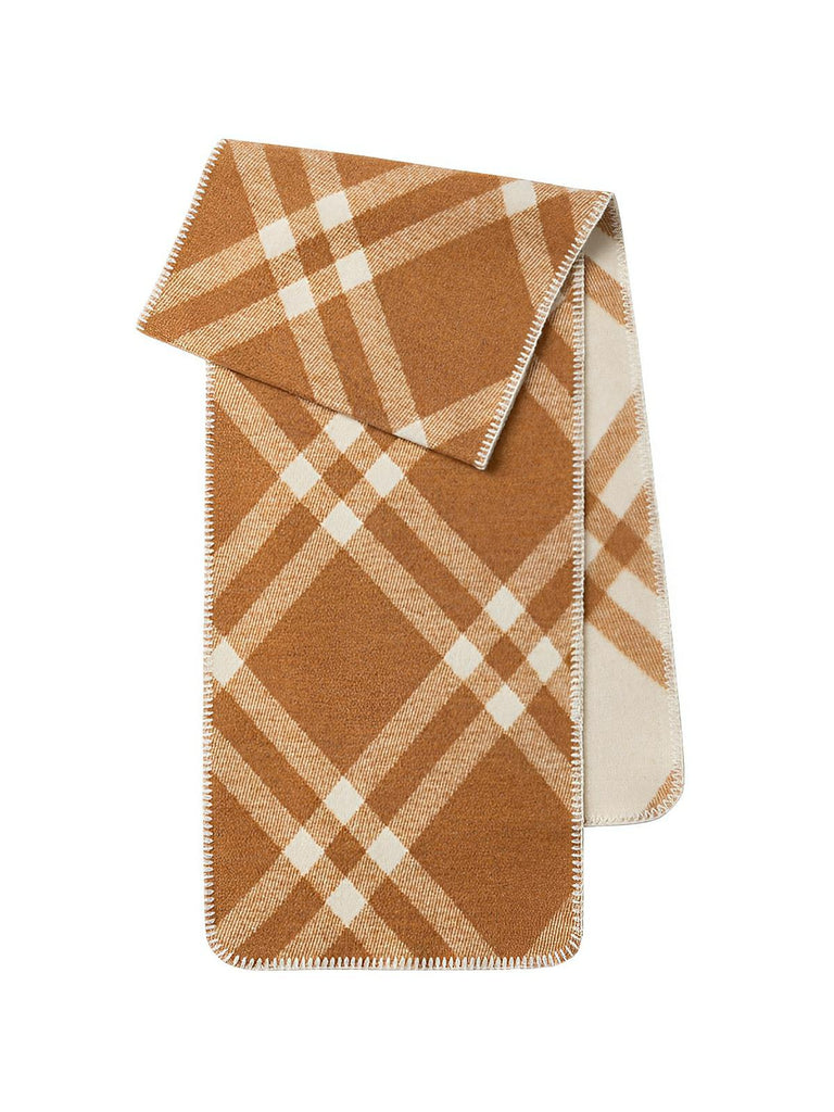 Écharpe à carreaux double face, chaude hiver femme, en laine douce longue, motif british chic luxueux, modèle Barina - Écharpe - Camel et blanc