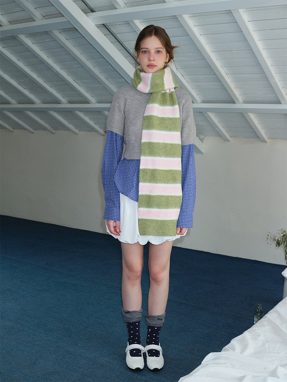 Écharpe douce hiver, écharpe femme rayée, chaude et colorée, écharpe laine mélangée, écharpe longue stylée, modèle Pocra - Écharpe - Vert et rose