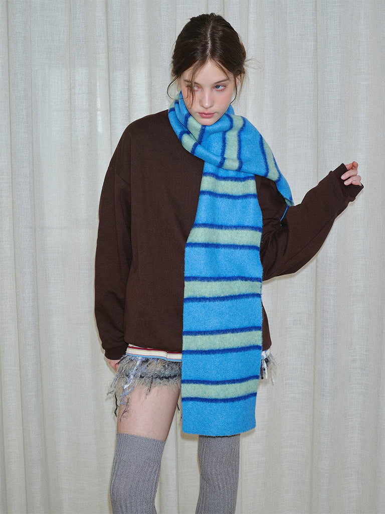 Écharpe douce hiver, écharpe femme rayée, chaude et colorée, écharpe laine mélangée, écharpe longue stylée, modèle Pocra - Écharpe - Bleu et vert