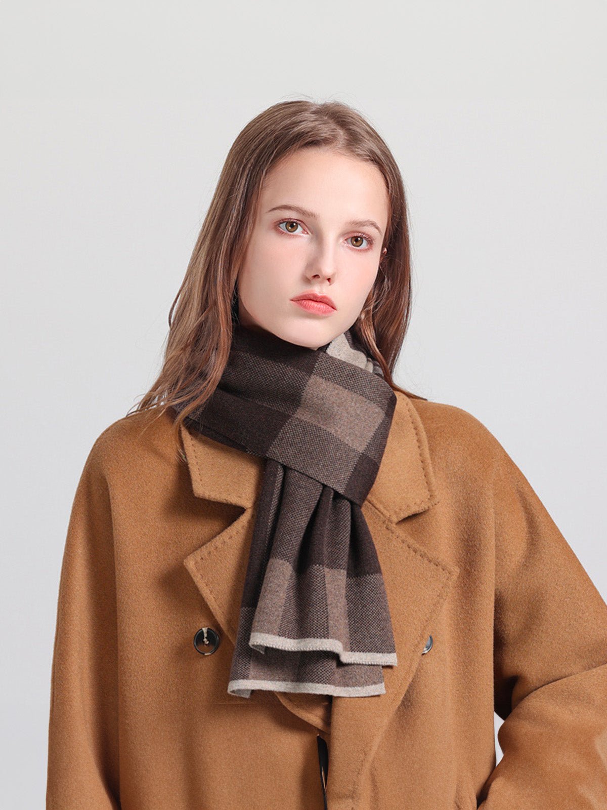 Écharpe en coton et cachemire femme, écharpe à carreaux douce et chaude, hiver 160 cm, style chic et cosy, fine et confortable, modèle Nadia - Écharpe - Marron