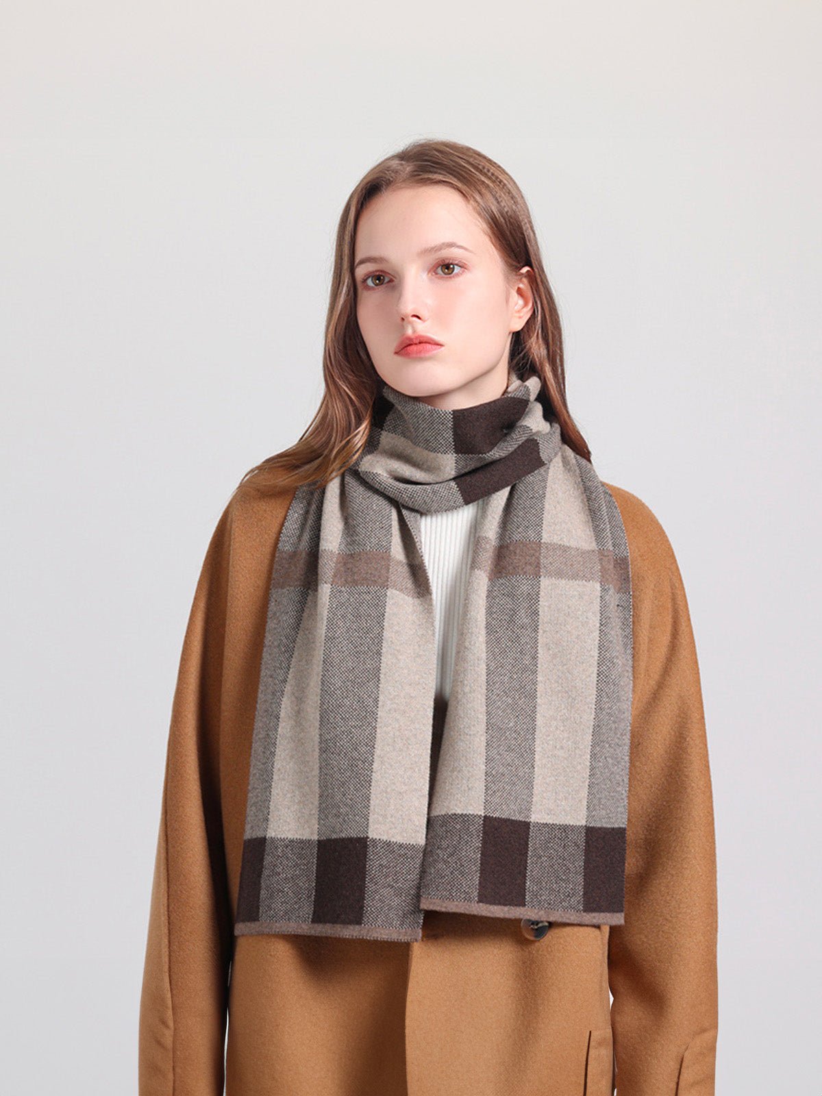 Écharpe en coton et cachemire femme, écharpe à carreaux douce et chaude, hiver 160 cm, style chic et cosy, fine et confortable, modèle Nadia - Écharpe - Beige
