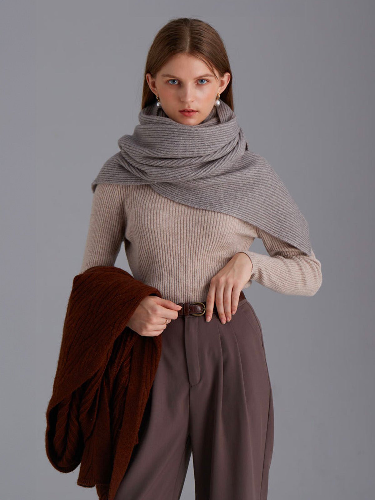 Écharpe en laine côtelée, chaude et épaisse, hiver doux et stylé, mixte, plusieurs couleurs, modèle Lasry - Écharpe - Gris